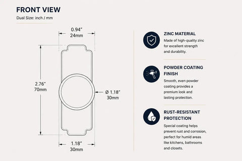 Front view diagram showing dimensions and details of Four Pack Matte Black Cabinet Knobs With Sleek Backplates.