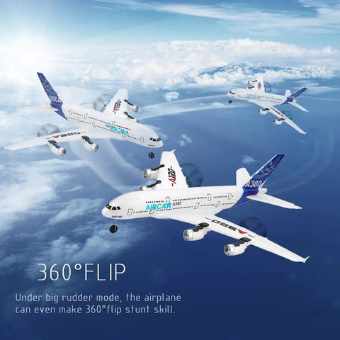 Image of 3CH 2.4GHz RC Airplane with EPP fixed wing performing 360-degree flips in the sky, showing smooth acceleration and durable design.