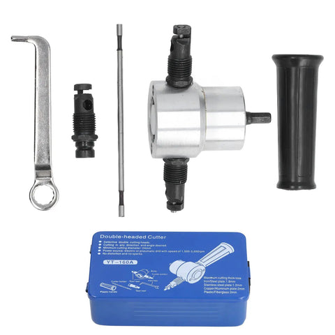 Heavy Duty Double Head Sheet Metal Nibbler Cutter with Aluminum Alloy Drill Attachment, adjustable heads, and components