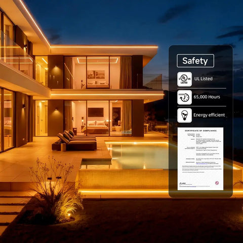 Five Color In One LED Strip Lights With RGBWW And RGB CCT Tunable White illuminating modern house exterior at night