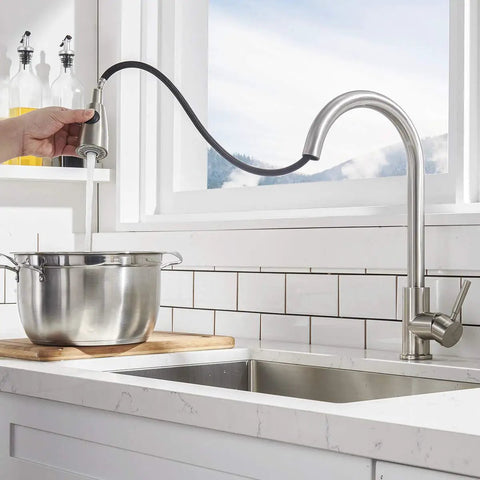 Brushed Nickel Kitchen Faucet With Pull Down Sprayer, filling pot in modern kitchen, one hole install, high arc design