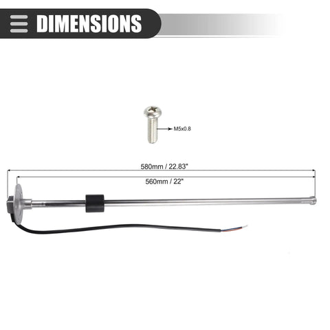 Universal Marine Fuel Sending Unit Float Gauge Replacement For Boats And More, 22 Inch Stainless Steel Water Level Sender, Anti Corrosion, Diesel And Gas Tank Sensor, Fits Most Trucks, RVs, Generators, Buses, Silver Tone dimensions view with M5x0.8 thread