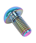 Colorful titanium bike rotor bolt close-up, M5x10mm, Torx T25 head, Grade 5 titanium, lightweight ~1.3g, for disc brakes.
