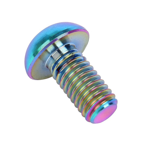 Colorful titanium bike rotor bolt close-up, M5x10mm, Torx T25 head, Grade 5 titanium, lightweight ~1.3g, for disc brakes.
