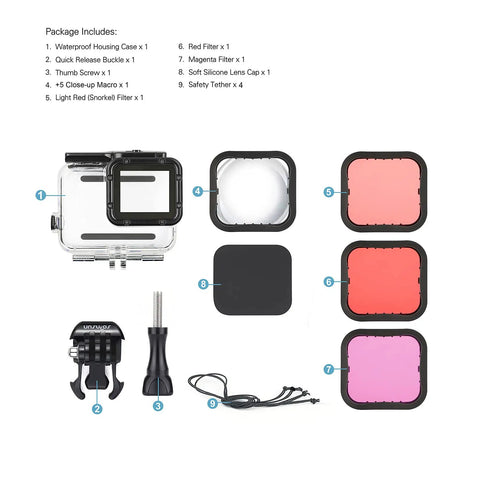 Waterproof Housing Case with Four Dive Filters for Hero 7 6 5 Black and Hero 2018, filters and macro lens