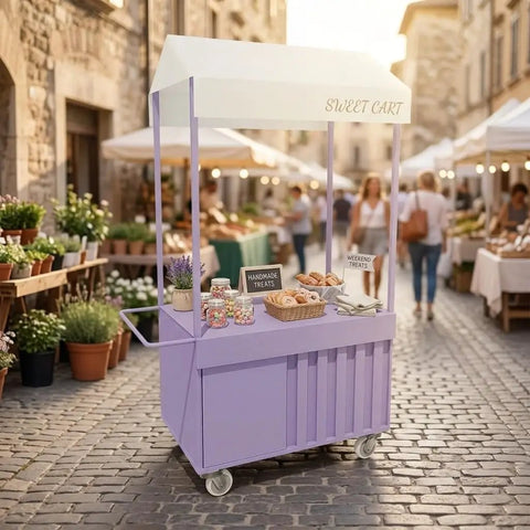 Outdoor Mobile Food Cart With Awning Portable Rolling Vending Station For Side Hustlers Pop Up Fairs featuring a pink kiosk with sweets.