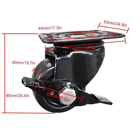 Heavy Duty Swivel Caster Wheels Set Of Four With Solid Brakes Smooth Nylon Rollers For Carts Heavy Furniture Floor Friendly Top Shelf Tough Steel Brackets Hassle Free Swap Casters close-up view with dimensions labeled.
