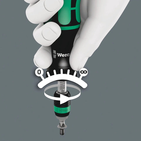 Close-up of Kraftform Series 7400 Adjustable Torque Screwdriver with ergonomic handle showcasing torque dial and Rapidaptor chuck.