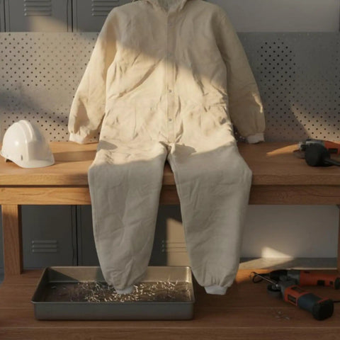 Canvas Sandblasting Suit With Hood Full Body Dustproof Workwear For Grinding And Sanding In Factory Workshops Hardcore Protection And Comfortable Fit Durable Grit Proof Coverall For Maintenance Jobs, beige hooded coverall on workbench