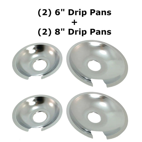 Replacement Cooktop Drip Pan Set For Jenn Air 4 Pack With Two 6 Inch And Two 8 Inch Pans, chrome finish, arranged in size comparison