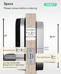 Specs for Plug And Play Built In Wifi Smart Door Lock Handle, showing size and installation details on wooden door.