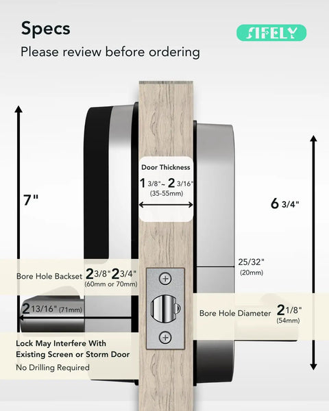 Specs for Plug And Play Built In Wifi Smart Door Lock Handle, showing size and installation details on wooden door.