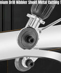 High-Power Drill Nibbler for Sheet Metal Cutting, titanium-plated head shown cutting metal, attached to a drill, burr-free edges