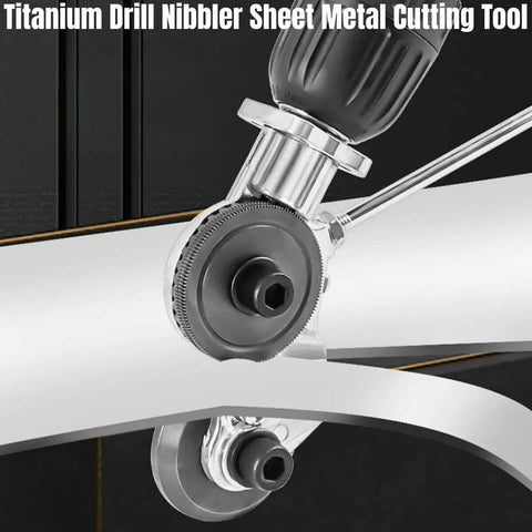High-Power Drill Nibbler for Sheet Metal Cutting, titanium-plated head shown cutting metal, attached to a drill, burr-free edges
