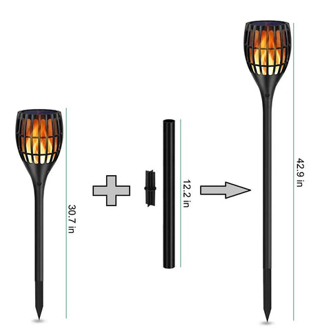 Pole Extension And Joint Kit For Solar Flame Torches Make Tiki Torches Taller With A 12 Inch Extension 4 Pack ABS Plastic Durable And Easy To Snap Together Fits Landscape Lighting Poles shown with extension setup