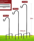 Two Pack Adjustable Shepherd Hooks With Heights Of Thirty One Twenty Four And Sixteen Inches Heavy Duty One Half Inch Thick Black Outdoor Hangers For Lanterns Solar Lights Bird Feeders Planters Wedding Aisles And Yard And Patio Garden Decor; displaying three hooks in different heights on grass