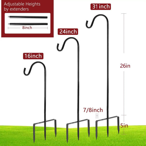 Two Pack Adjustable Shepherd Hooks With Heights Of Thirty One Twenty Four And Sixteen Inches Heavy Duty One Half Inch Thick Black Outdoor Hangers For Lanterns Solar Lights Bird Feeders Planters Wedding Aisles And Yard And Patio Garden Decor; displaying three hooks in different heights on grass