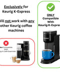 Exclusive compatibility notice: Keurig K-Express coffee maker with blue mug, not compatible with Keurig K-Café Essentials.