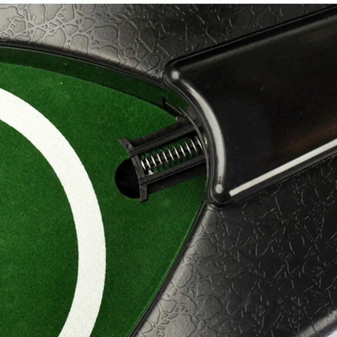 Indoor Golf Putt Practice Mat Set With Automatic Ball Returner Realistic 4cm Artificial Turf For Home Use close-up of ball return mechanism