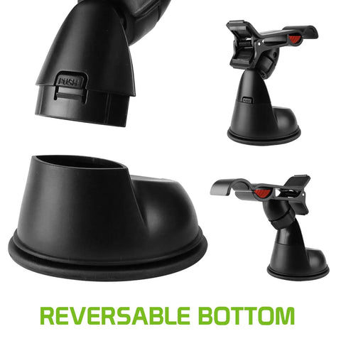 Universal Car Phone Mount Holder With Industrial Strength Sticky Gel Pad And Quick One Hand Release Cradle For Dashboard Windshield showing reversible bottom design.
