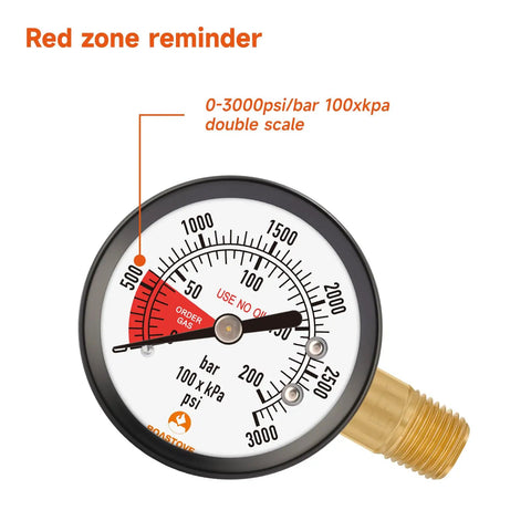 Two Inch Pressure Gauge For CO2 Beer Keg Regulator Left Hand Thread 0 To 3000 Psi Dual Scale Black Steel With Red Zone Alert