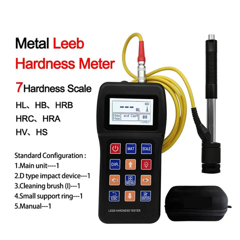 Rock Solid Portable Digital Leeb Hardness Tester showing LCD display with 7 hardness scales for metal testing.