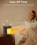 Hella Powerful 1500W PTC Ceramic Space Heater With 4 Modes And Quick Heat 24H Timer Thermostat next to a bed showing Auto-Off Timer.