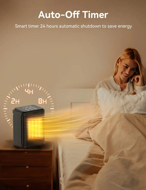 Hella Powerful 1500W PTC Ceramic Space Heater With 4 Modes And Quick Heat 24H Timer Thermostat next to a bed showing Auto-Off Timer.
