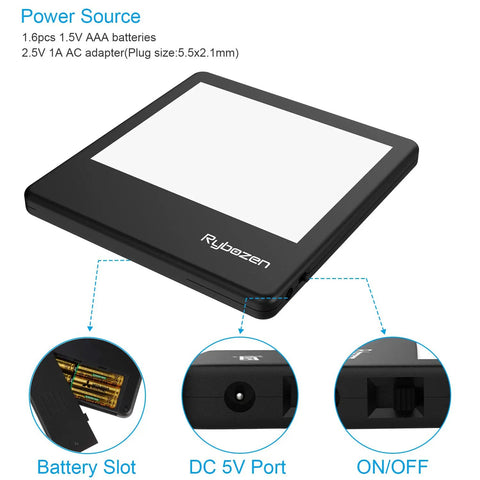 Ultra Thin Portable Slide Scanner With LED Light Panel showing power options with battery slot, DC port, and on/off switch