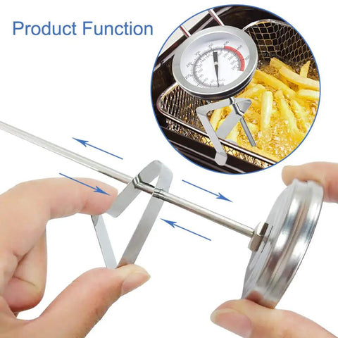 15 Inch Turkey Fryer Thermometer With Pot Clip 2 Pack demonstrating clip function and probe in deep fryer with oil and fries