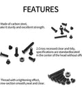 390 Pcs M3 Flat Head Countersunk Cross Machine Screws And Nuts Set In Black Steel For Electronics, DIY Projects, Robotics And Hobby Builds With Hex Nuts Kit For Strong Easy Mounting. Black steel screws and hex nuts displayed with features.