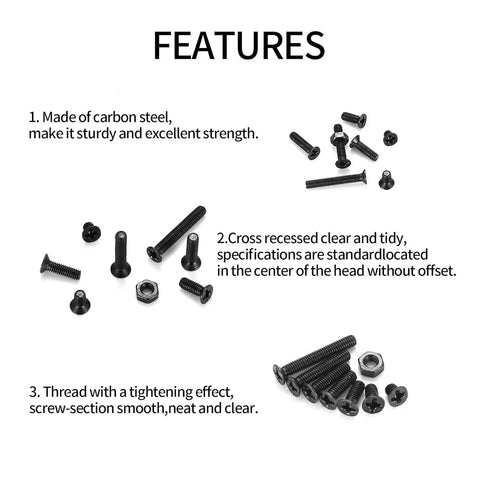 390 Pcs M3 Flat Head Countersunk Cross Machine Screws And Nuts Set In Black Steel For Electronics, DIY Projects, Robotics And Hobby Builds With Hex Nuts Kit For Strong Easy Mounting. Black steel screws and hex nuts displayed with features.