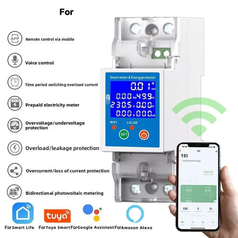 Heavy Duty 80 Amp Smart Circuit Breaker With RS485 Wifi Remote Switch And Built Tough Leakage Protection For No Sweat Energy Tracking On Home Solar Arrays, displaying a smart meter with remote control features.
