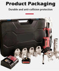 Heavy Duty Hydraulic Crimper Tool With 1550Lbf Force, 5000mAh Battery Electric Pipe Crimping Pliers in protective case with battery and fittings.