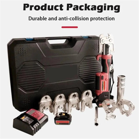 Heavy Duty Hydraulic Crimper Tool With 1550Lbf Force, 5000mAh Battery Electric Pipe Crimping Pliers in protective case with battery and fittings.