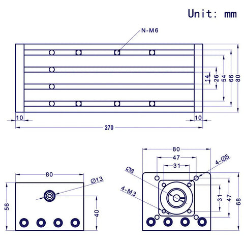 150mm Effective Stroke Linear Rail Guide With Dual Optical Axis, SFU1605 Ballscrew, Nema 23 Stepper Motor, CNC Router Ready, High Precision Linear Slide System For Accurate Milling And Carving. technical drawing with 270mm length and 80mm width