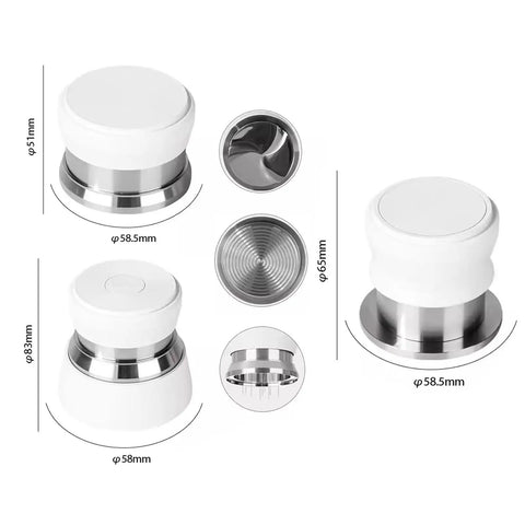 Top Shelf Hella Smooth 58Mm Stainless Steel Espresso Tamper Set With Spring Loaded Impact Hammer And Dual Needle Paddle Wdt Coffee Distributor For 58Mm Portafilter White displayed from multiple angles.