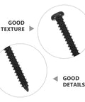 500 Pcs Black Self Tapping Screw Kit With 7 Sizes Carbon Steel For Furniture Shelving Cabinets Quad Drive And Universal Wood And Metal Fasteners Set For DIY Projects, black screw close-up