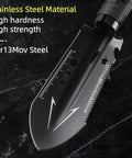 Ultra Lightweight Nine In One Camping Shovel Multitool With Bottle Opener Nail Puller Ruler Hex Wrench Saw For Backpacking Hiking Gardening And Outdoor Survival Black, featuring stainless steel blade with hex wrench and ruler.