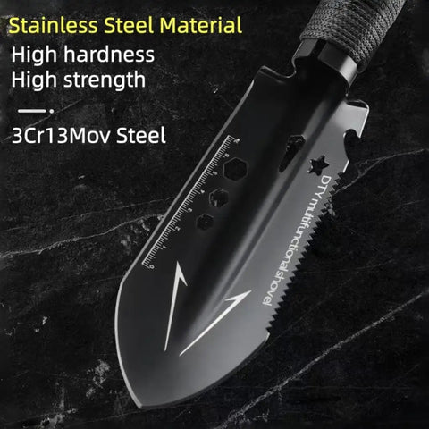 Ultra Lightweight Nine In One Camping Shovel Multitool With Bottle Opener Nail Puller Ruler Hex Wrench Saw For Backpacking Hiking Gardening And Outdoor Survival Black, featuring stainless steel blade with hex wrench and ruler.