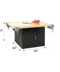 Badass Cabinet Workbench Built For Tough Backyard Shop Sessions Blasting Black Baked Enamel Steel Bodies Meeting Thick Durable Wooden Tops Paired With Four Rock Solid Bench Vises, 64x54 inches.