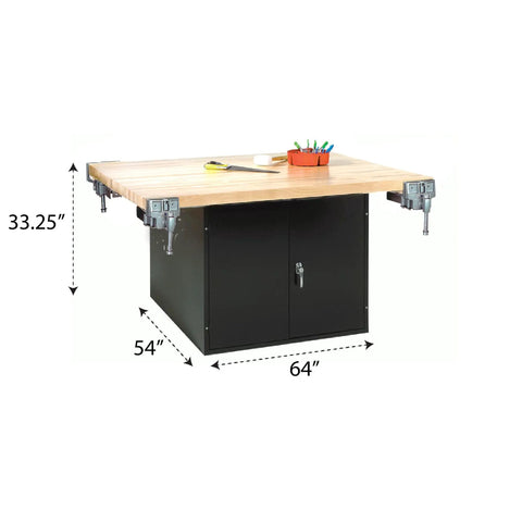 Badass Cabinet Workbench Built For Tough Backyard Shop Sessions Blasting Black Baked Enamel Steel Bodies Meeting Thick Durable Wooden Tops Paired With Four Rock Solid Bench Vises, 64x54 inches.