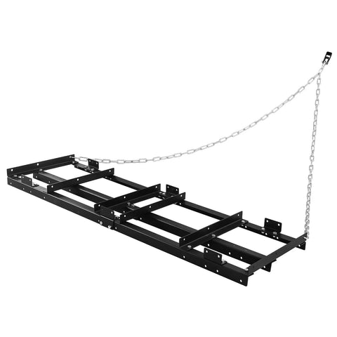 Tow Behind Gravel Drag Harrow Driveway Grader 6 Ft Power Rake For Gravel Sand Soil And Hay Lawn Leveling ATV UTV Tractor Compatible Beefy Steel With Black Powder Coat, showing steel frame and chain attachment.