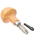 Wooden handle of Pro Grade Three Piece Pin Vise Drill Set with steel needle clips and bead drill bits for jewelry making and watch repair.