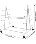 Tough As Nails 5 Tier Lumber Storage Rack With Grippy Wheels Double Sided Pipe Rack Cart For Garage Workshop And Job Site 500 Lb Capacity Horizontal Beam Organizer For Massive Gear White, shown from the side with measurements.