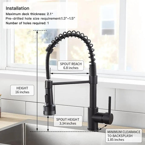 Led Light Kitchen Faucet with Pull Down Sprayer in Matte Black 304 Stainless Steel Single Handle in farmhouse sink setup.