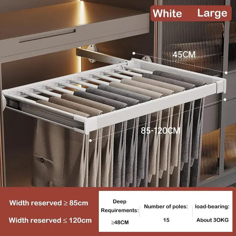 Expandable Trouser Rack Slim Drawer Organizer stores pants and skirts in a large white design, maximizing closet space.
