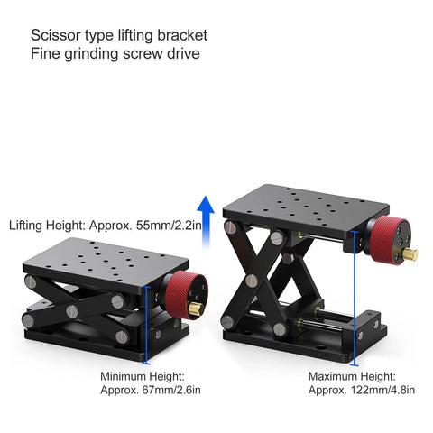 Aluminum Alloy Manual Lifting Lab Stand With Scissor Type Lift For Rock Solid Stability CNC Machined And Hard Anodized Corrosion Resistant Lab Jack Stand in adjustable positions, showing lift heights and features.