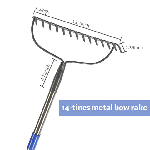 Heavy Duty Bow Rake With 60 Inch Stainless Steel Handle For Lawn Care, 14 Tines Rake Designed To Break Up Hard Packed Soil