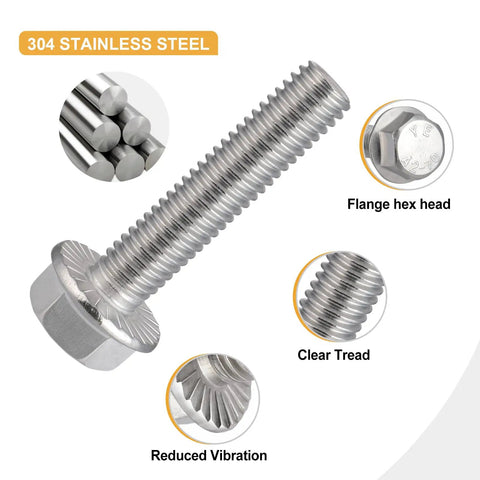 Heavy Duty 304 Stainless Steel M6 X 1.0 X 12Mm Flanged Hex Head Bolts Fully Threaded, showing clear treads and flange design.